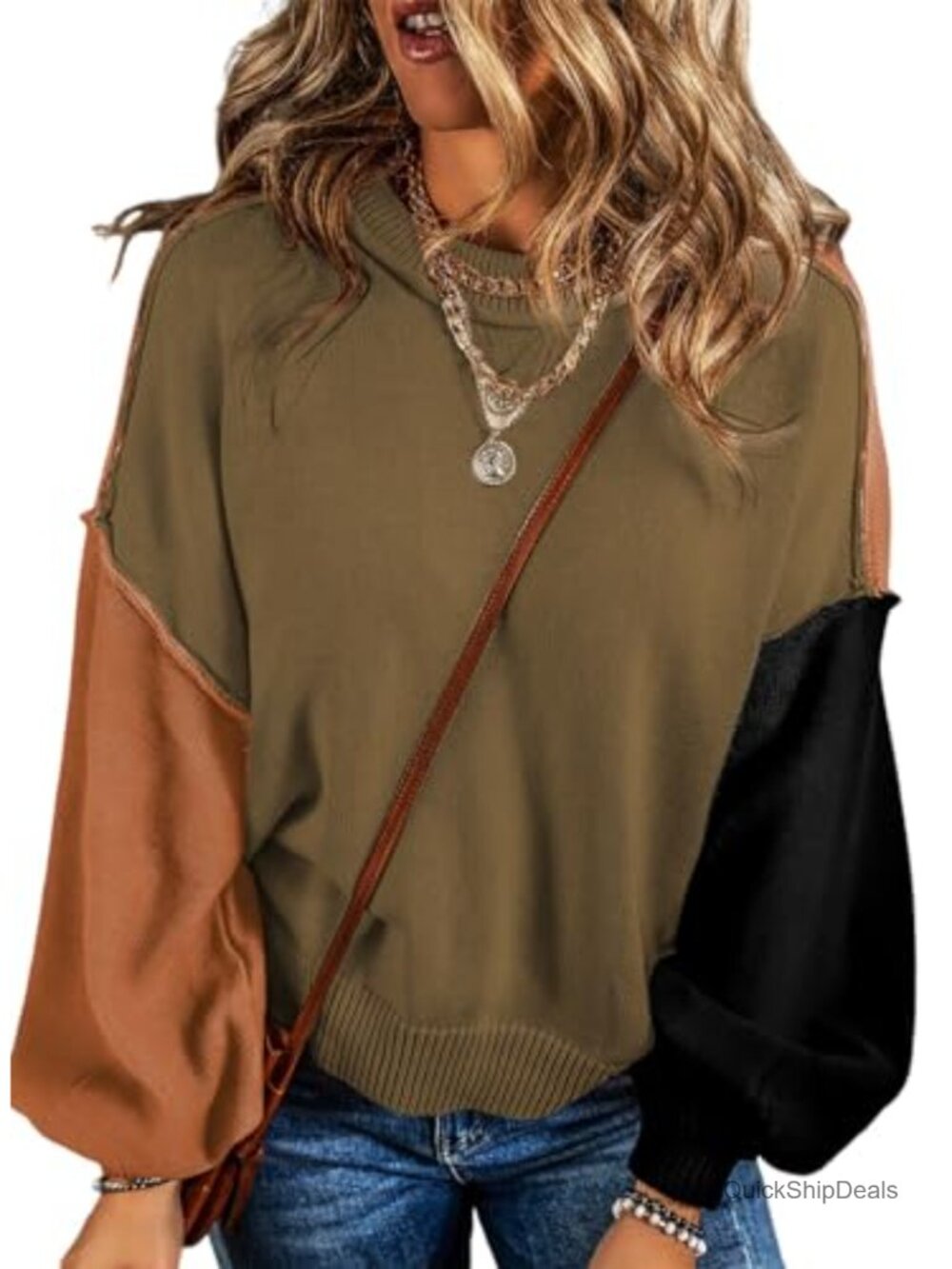 Women's Cotton Colorblock Crewneck Long Sleeve Knit Pullover Jumper Sweater